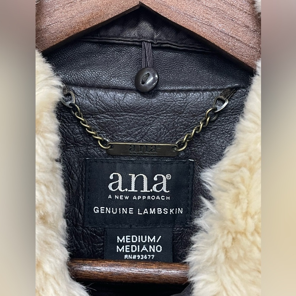 A.N.A Genuine Lambskin Dark Brown Leather Aviator Bomber Jacket, Size M - Picture 3 of 12